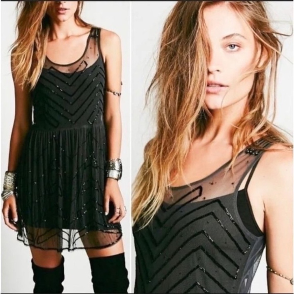 Free People Beaded Embellished Mesh/Sheer Mini Slip Dress Charcoal